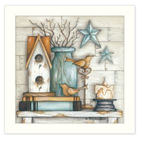 "Birdhouse on Books" By Mary June, Printed Wall Art, Ready To Hang Framed Poster, White Frame