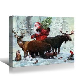 Framed Canvas Wall Art Decor Painting For Chrismas, Santa Claus with cute Animals Chrismas Gift Painting For Chrismas Gift