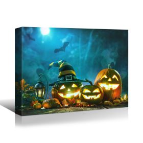 Drop-Shipping Framed Canvas Wall Art Decor Painting For Halloween, Jack-o-lanterns with Wizard Hat Painting For Halloween Gift