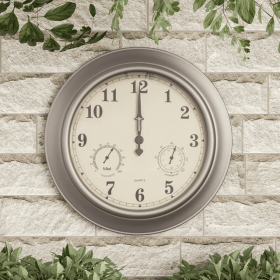 Villacera Indoor Outdoor Wall Clock Thermometer Hygrometer Â– 18Â' Silver