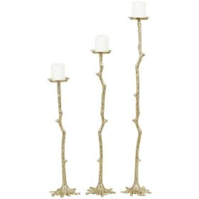 DecMode 3 Candle Gold Aluminum Abstract Tall Floor Textured Metallic Candle Holder with Stick Inspired Design, Set of 3