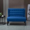 Scandinavian 2 Seater Button Tufted Loveseat Wooden Legs Blue Linen