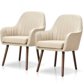 Set of 2 Retro Off-White Linen Upholstered Accent Chair with Stylish Wood Legs