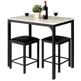 Modern 3-Piece Dining Set White Faux Marble Table-Top and 2 Black Chairs Stools