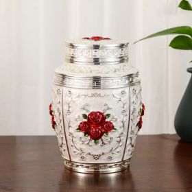 Household High-end Sealed Large Capacity Tea Caddy Crafts Ornaments (Option: Silver White Red Flower)