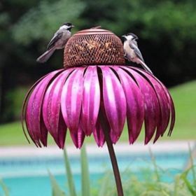 Pink Coneflower Bird Feeder Outdoor Decoration Garden Flower Picaflor Wild Bird Feeder Feeding Outside Rust Resistant Art Metal (Ships From: China, Color: Red)