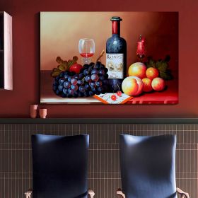 Framed Canvas Wall Art Decor Painting, Still Life Wine and Grape Fruits on Table Oil Painting Style Decoration For Restaurant, Kitchen, Dining Room (Color: as Pic)